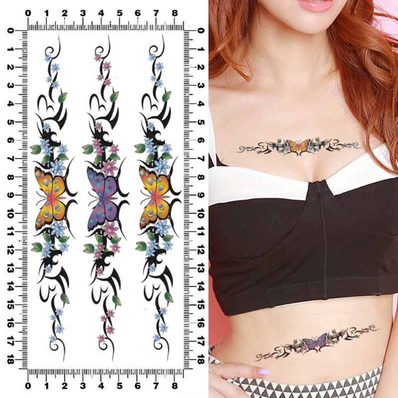 纹身贴女防水持久性感蝴蝶图案花朵手臂大腿剖腹产遮疤痕长条贴纸