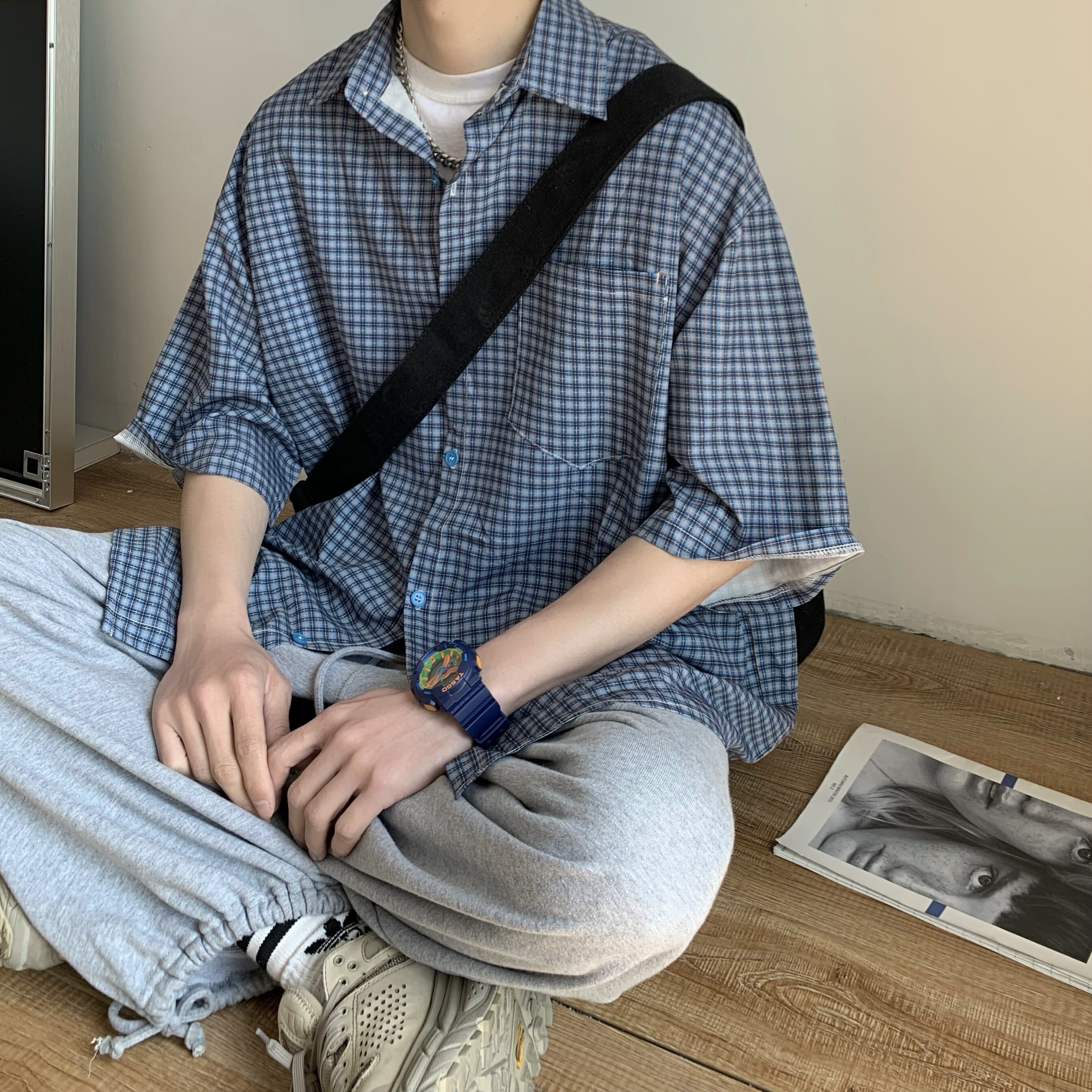 T60*2022格子短袖衬衫夏季ins休闲宽松外套P48控58,男装T恤,星座617A(原A401)