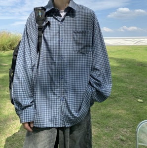 Y157*秋季新款日系男士细格子翻领衬衫上衣P58图片