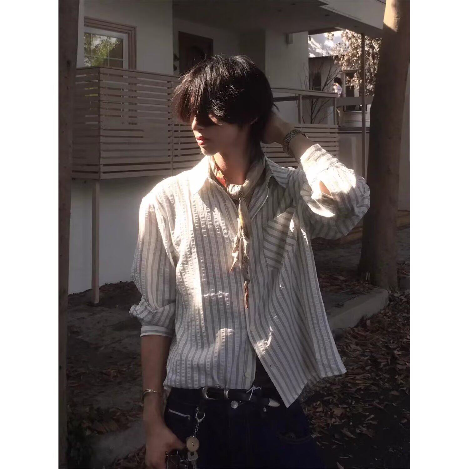 时尚美式泡泡纱长袖衬衫外套男女新款正肩衬衣条纹上衣潮流P45，男装衬衫，星座617A(原A401)