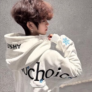 高街重磅雪花字母刺绣连帽运动衫男2026新款宽松慵懒风上衣P48图片