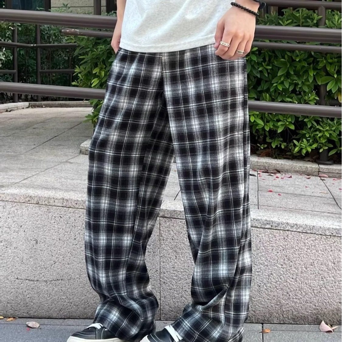棋盘格子休闲裤男士春秋季2025新款宽松阔腿裤青少年直筒长裤P38,男装休闲裤,星座617A(原A401)