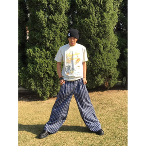 多巴胺蓝色格子休闲裤男女秋季新款宽松显瘦直筒阔腿长裤子P58图片