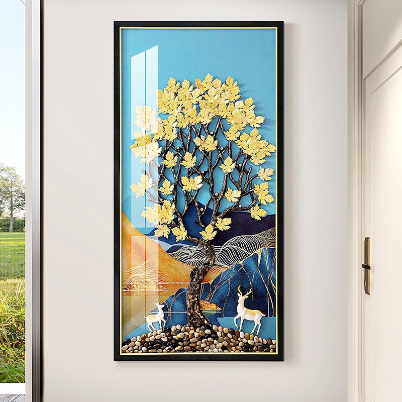玄关挂画现代简约装饰画竖版走廊手工立体山水画好寓意发财树图片