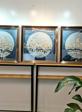 客厅三联画现代实物画立体手工天然矿石挂画轻奢大气深蓝色壁画