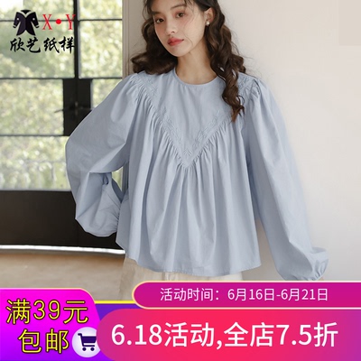 W9513法式衬衫纸样长袖设计感圆领上衣样板新手做衣服的裁剪图