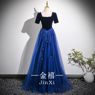 蓝色成人晚礼服女2025新款高级感钢琴声乐合唱演出独唱生日主持裙