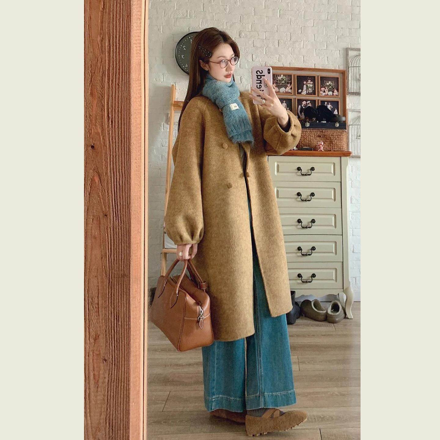 复古秋叶黄灯笼袖毛呢外套女秋冬季韩系小个子中长款显瘦呢子大衣,运动/瑜伽/健身/球迷用品,广场舞套装,淘宝优惠券,粉丝福利购,淘宝优惠卷