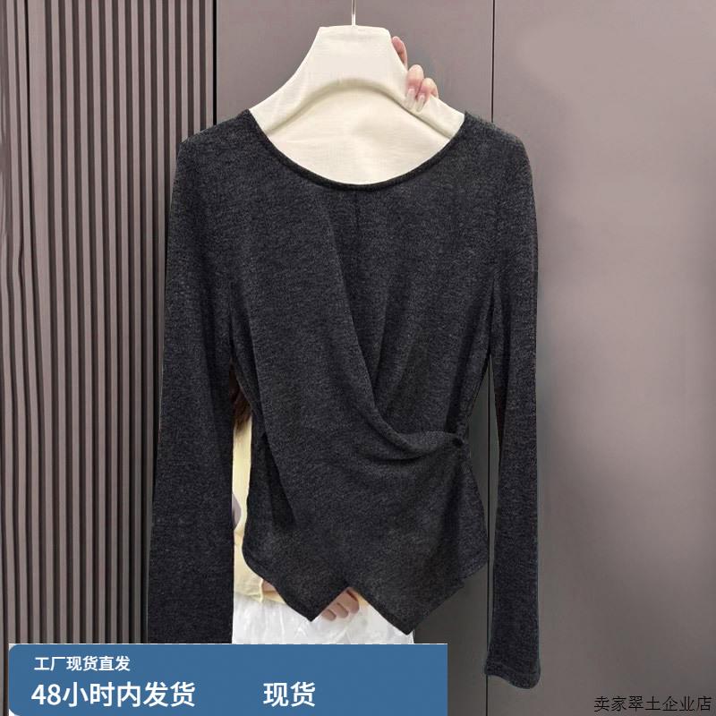 秋冬长袖T恤女设计感不规则纽扣百搭自发热打底漂亮别致收腰上衣