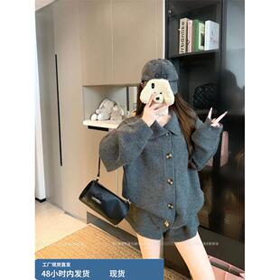 miu系高知灰色翻领加厚毛衣外套女秋冬宽松慵懒风松弛感针织开衫