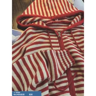 红色条纹长袖连帽针织开衫女春秋欧货时尚大码中长款毛衣外套上衣