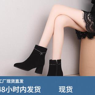高跟女靴粗跟圆头短靴真皮短筒侧拉炼单靴黑色加绒牛翻皮女士靴子
