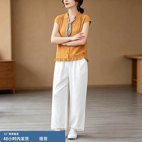 气质妈妈夏装短袖套装时尚减龄新款中老年女装洋气休闲两件套宽松