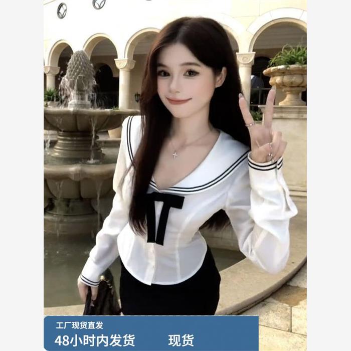 学院风海军领蝴蝶结长袖上衣高腰Cosplay女装/