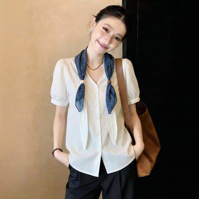 白色丝巾披肩V领短袖衬衫女2026新款夏季大码胖mm正肩高级感上衣
