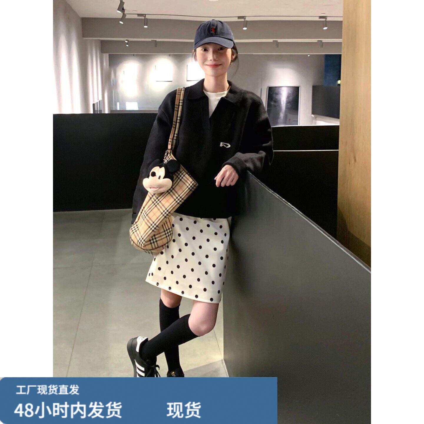 日系学院风白色波点系带半身裙女春夏高级感简约百搭松紧高腰中裙