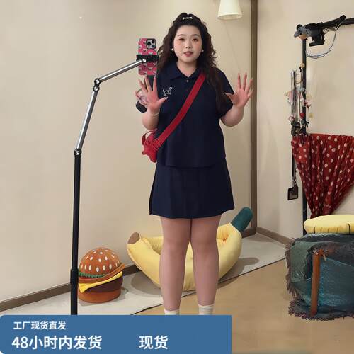 大尺码女装休闲刺绣小狗polo衫微胖MM百搭通勤新款高腰半身裙两件