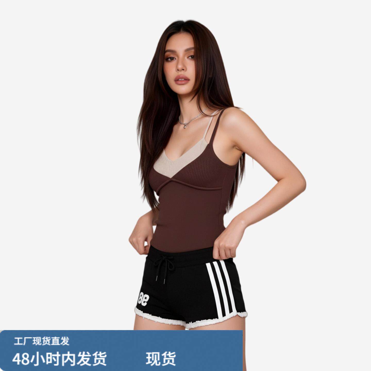美式辣妹风蕾丝花边拼接短裤女夏季运动少女风高腰显瘦休闲热裤