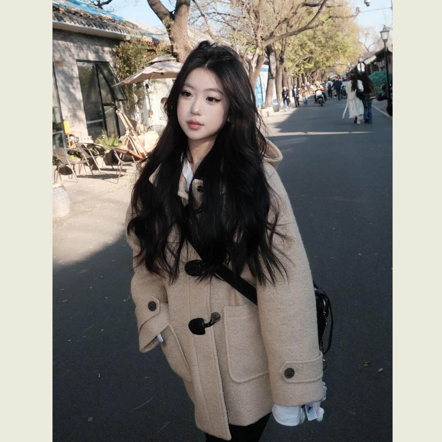 米黄色连帽牛角扣呢子大衣女冬季新款韩系学院风宽松休闲毛呢外套,运动/瑜伽/健身/球迷用品,广场舞套装,淘宝优惠券,粉丝福利购,淘宝优惠卷