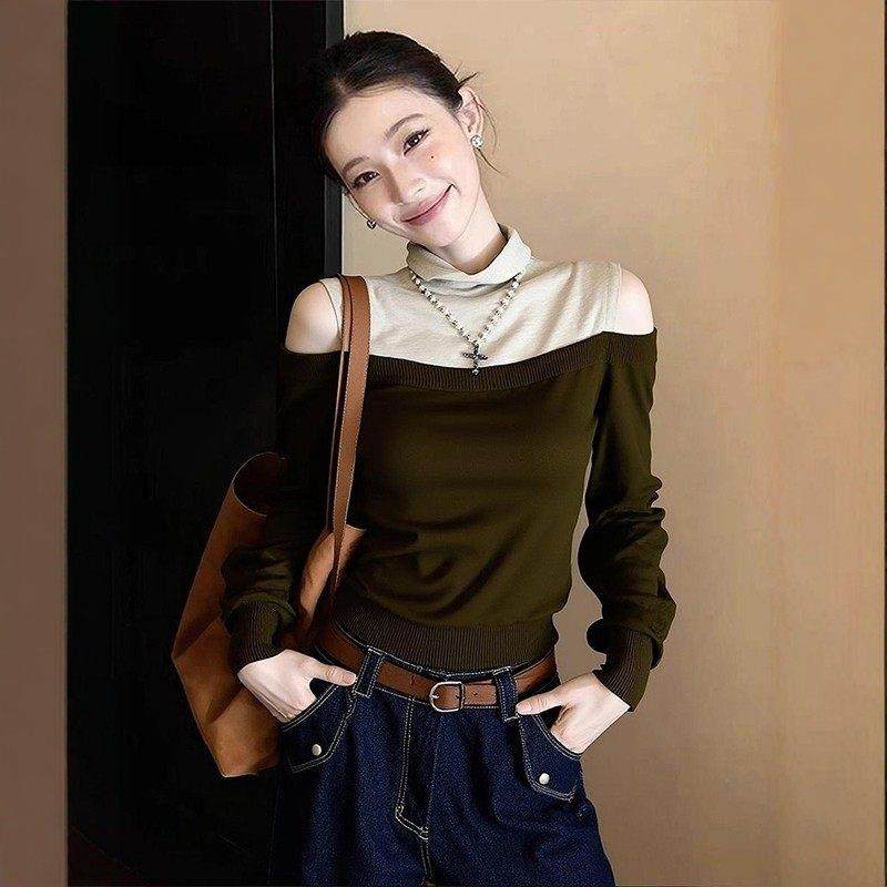 法式拼色堆堆领长袖针织衫女秋冬露肩洋气减龄高级感打底显瘦上衣,模玩/动漫/周边/娃圈三坑/桌游,Cosplay女装/cos女装,淘宝优惠券,粉丝福利购,淘宝优惠卷