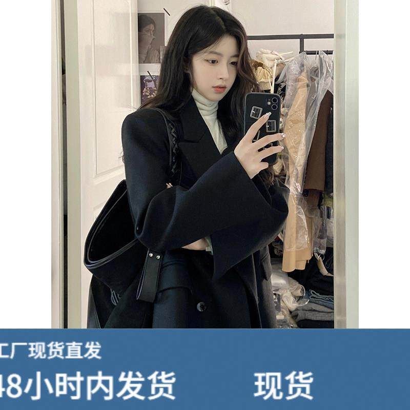 高级感黑色毛呢外套女小个子秋冬韩系赫本风正肩西装加厚呢子大衣,运动/瑜伽/健身/球迷用品,广场舞套装,淘宝优惠券,粉丝福利购,淘宝优惠卷