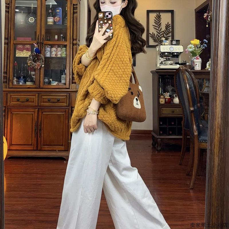 慵懒风橘色麻花套头毛衣女春秋季2025新款卷边设计感加厚针织上衣