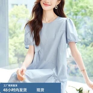 2026夏季短袖蓝色连衣裙女中长款宽松显设计感小众拼接时尚裙子女