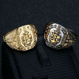 欧美霸气网红新款 戒指 嘻哈HIPHOP饰品金美国海军USN船锚老鹰男士