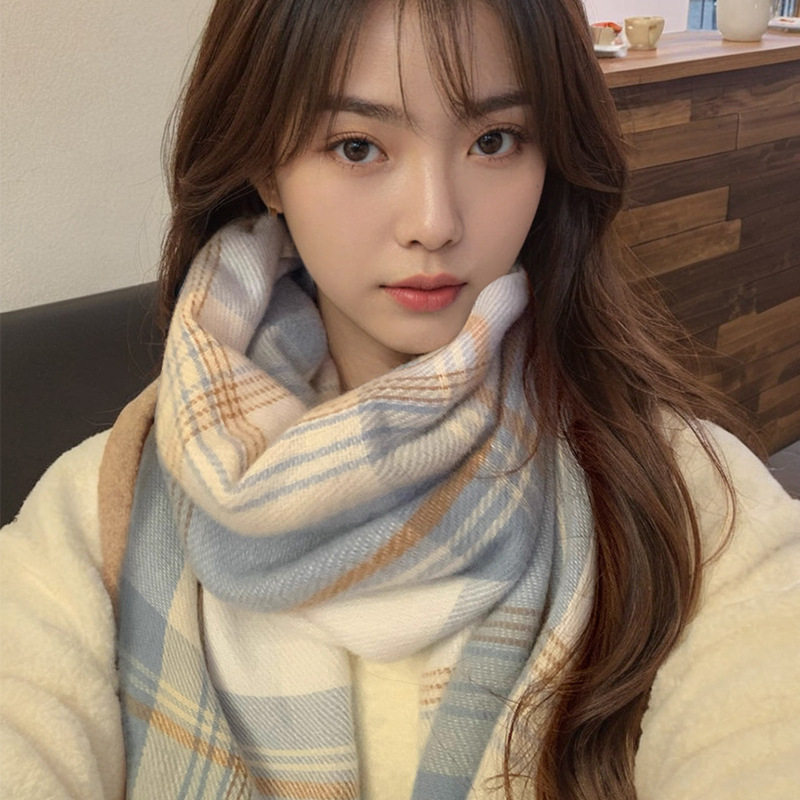 氛围感jk蓝色格子围巾女