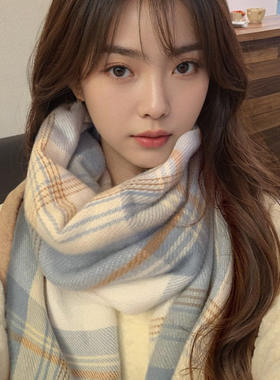氛围感jk蓝色格子围巾女