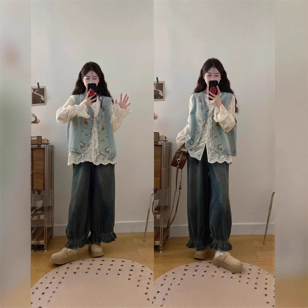 姜妍同款蓝色绣花马甲女款夏天