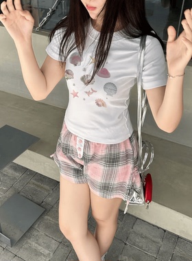 ODD/意境海滩夏季修身显瘦白色紧身上衣女百搭高腰加厚印花T恤女