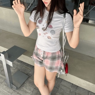 ODD/意境海滩夏季修身显瘦白色紧身上衣女百搭高腰加厚印花T恤女