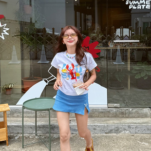 ODD/创意夏季小龙虾无感印花辣妹圆领正肩显瘦短款短袖T恤女上衣