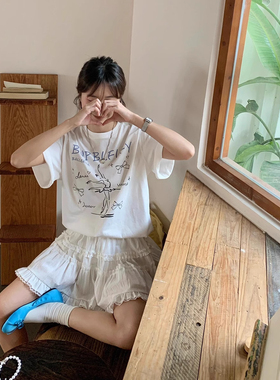 ODD/小众芭蕾舞创意印花圆领短袖T恤女学院宽松宽松白色休闲上衣