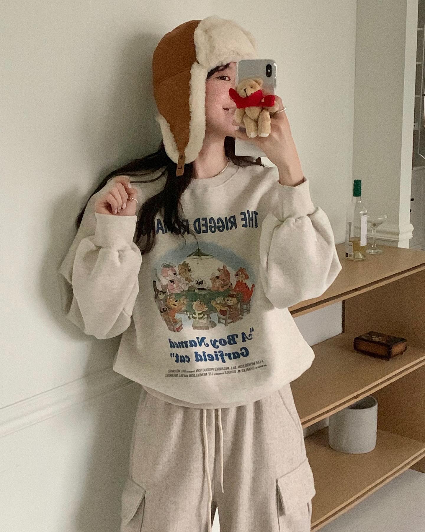 森林动物园两色印花圆领加厚卫衣