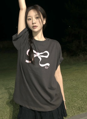 ODD/灰粉蝴蝶结烟灰色显白可爱夏季日常短袖慵懒风纯棉圆领T恤女