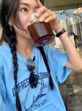 ODD RDCHS/水蓝色的夏天纯棉宽松圆领ins小众短袖T恤女夏显白短袖