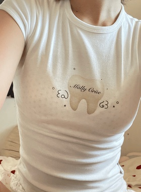 ODD RDCHS/可爱卡通小牙齿显瘦高腰女T恤辣妹短袖短款圆领上衣ins