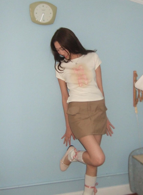 ODD RDCHS/那年初恋腮红色印花百搭圆领露脐短款打底上衣ins少女