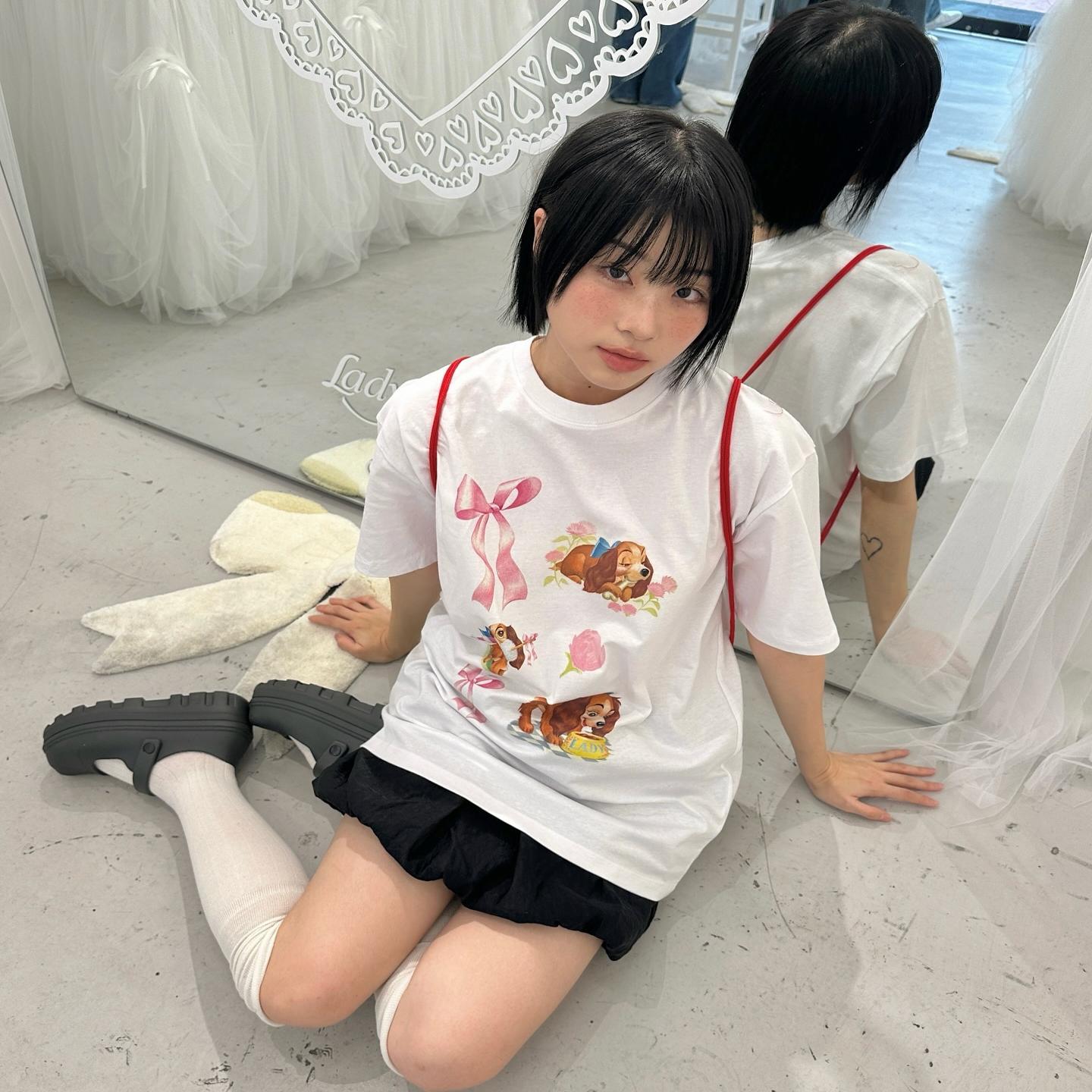 ODD/韩系甜美减龄蝴蝶结小狗短袖T恤女夏学院风宽松纯棉百搭上衣