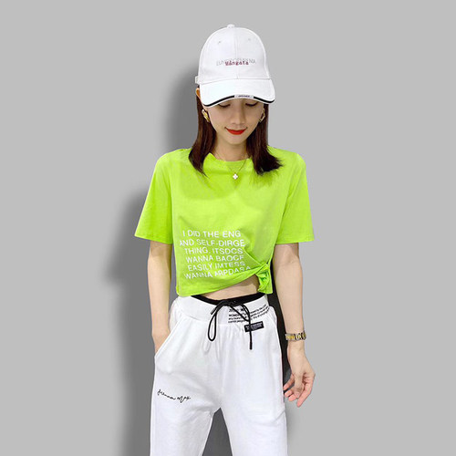 洋气果绿色纯棉女短袖T恤