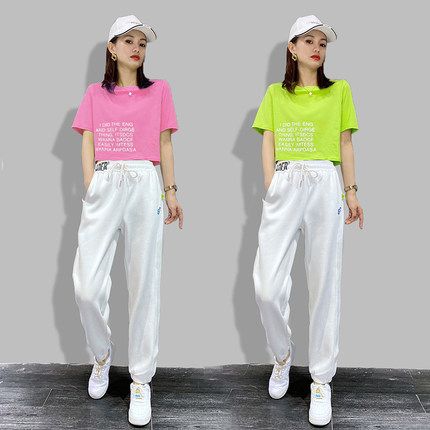 欧洲站休闲运动短袖T恤女夏季2026新款时尚高腰上衣跳舞两件套装