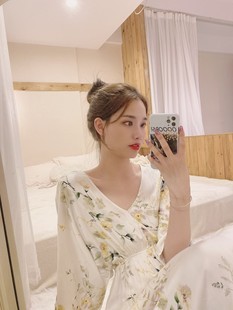 Oysho连衣裙夏女士短袖睡裙唯美淡雅蔷薇花贡缎印花中长裙家居服