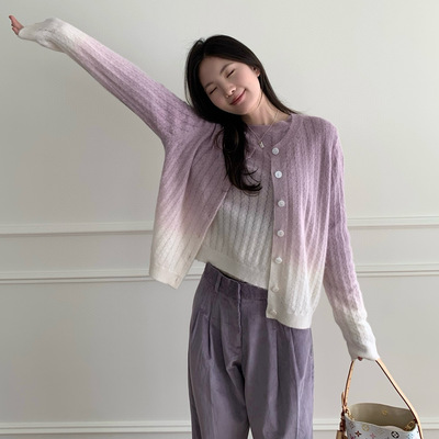 渐变紫色羊毛开衫长袖套头圆领衫2025年秋冬舒适亲肤女士针织毛衣