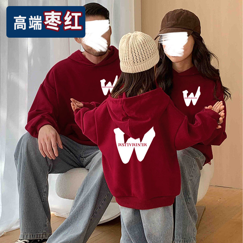 红色连帽卫衣亲子装一家三口父子母女儿童男女个性时尚宽松韩版潮