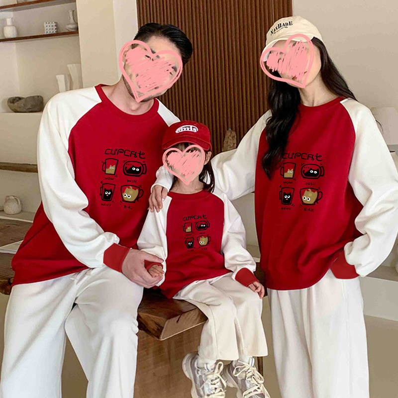 拼色卫衣春秋冬季加绒亲子装一家三口父子母女儿童男宽松休闲时尚