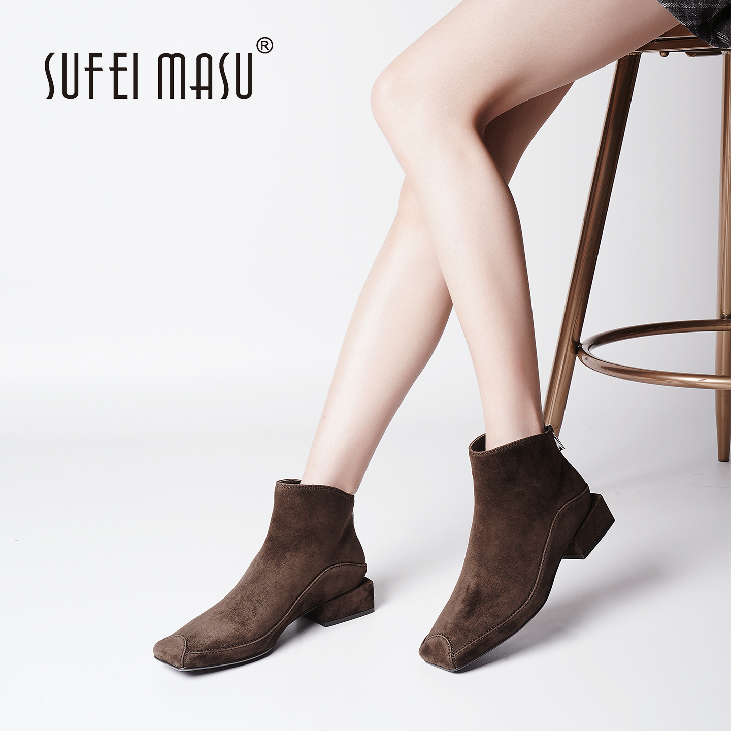 SUFEIMASU/苏菲玛素秋冬新款真皮粗跟方头百搭通勤短靴SF52-19715