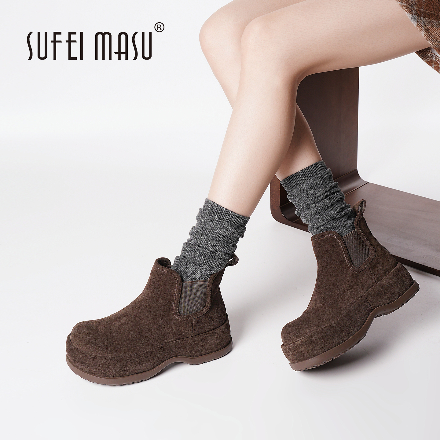 SUFEIMASU/苏菲玛素秋冬新款简约方头厚底增高短靴百搭SF52-2980