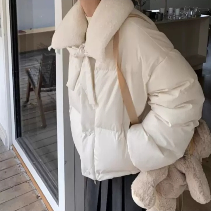 白色毛领羽绒服女冬季2025新款宽松加厚棉衣设计感90白鸭绒面包服